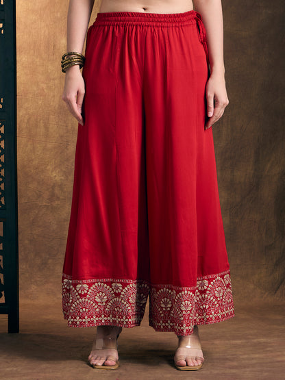 Solid Ethnic Embroidered Straight Kurta with Flared Palazzo and Dupatta - Red