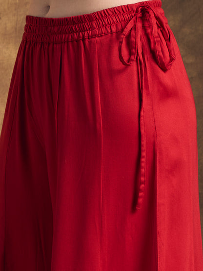 Solid Ethnic Embroidered Straight Kurta with Flared Palazzo and Dupatta - Red