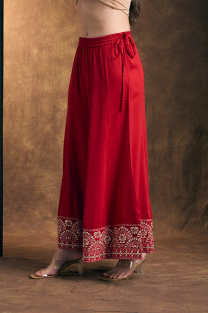 Solid Ethnic Embroidered Straight Kurta with Flared Palazzo and Dupatta - Red