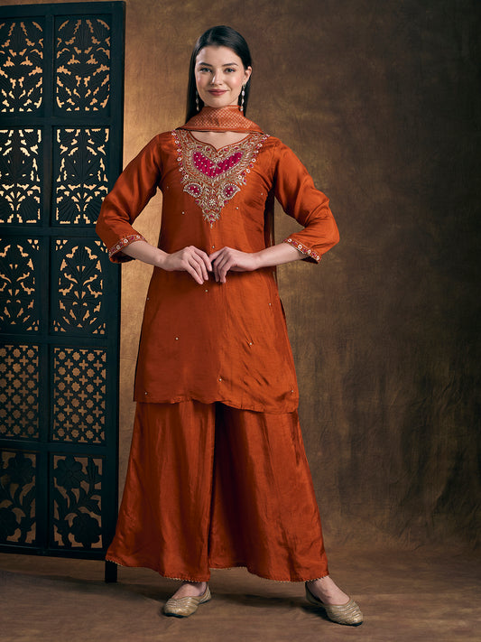 Solid Floral Hand Embroidered Straight Kurta with Palazzo & Dupatta - Rust
