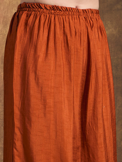 Solid Floral Hand Embroidered Straight Kurta with Palazzo & Dupatta - Rust