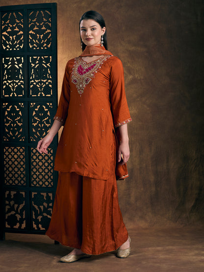 Solid Floral Hand Embroidered Straight Kurta with Palazzo & Dupatta - Rust