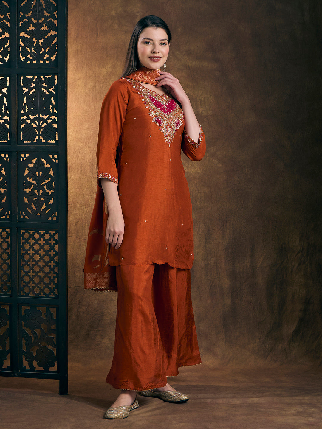 Solid Floral Hand Embroidered Straight Kurta with Palazzo & Dupatta - Rust