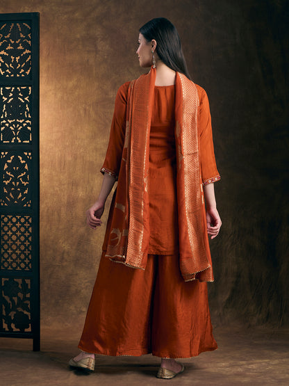 Solid Floral Hand Embroidered Straight Kurta with Palazzo & Dupatta - Rust