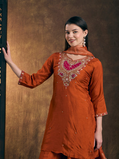 Solid Floral Hand Embroidered Straight Kurta with Palazzo & Dupatta - Rust