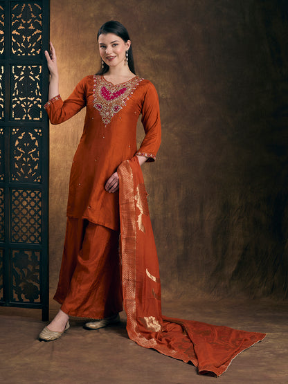 Solid Floral Hand Embroidered Straight Kurta with Palazzo & Dupatta - Rust
