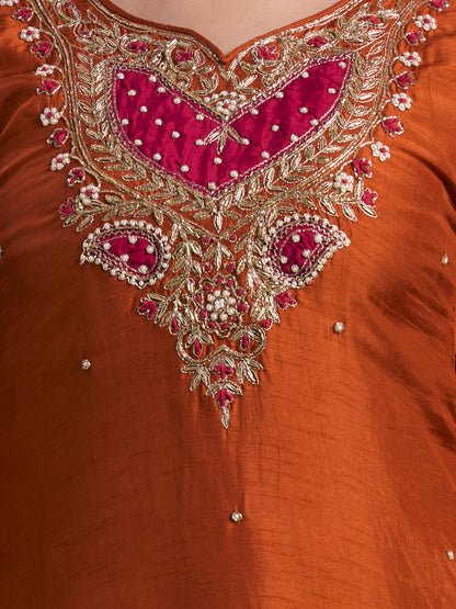 Solid Floral Hand Embroidered Straight Kurta with Palazzo & Dupatta - Rust
