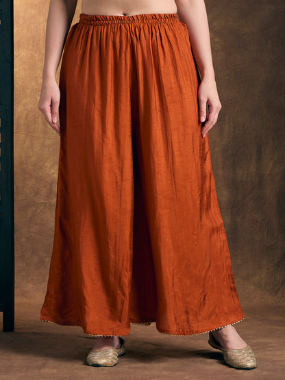 Solid Floral Hand Embroidered Straight Kurta with Palazzo & Dupatta - Rust