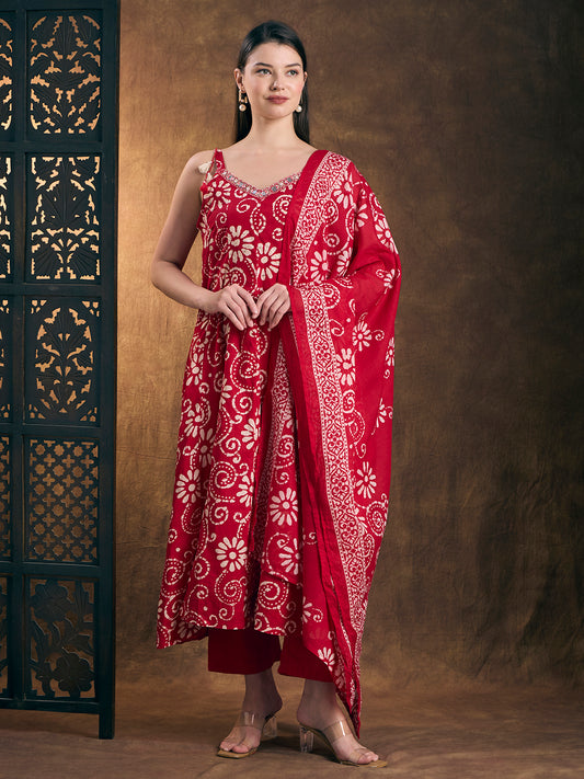 Ethnic Printed Embroidered Anarkali Kurta with Palazzo and Dupatta - Red