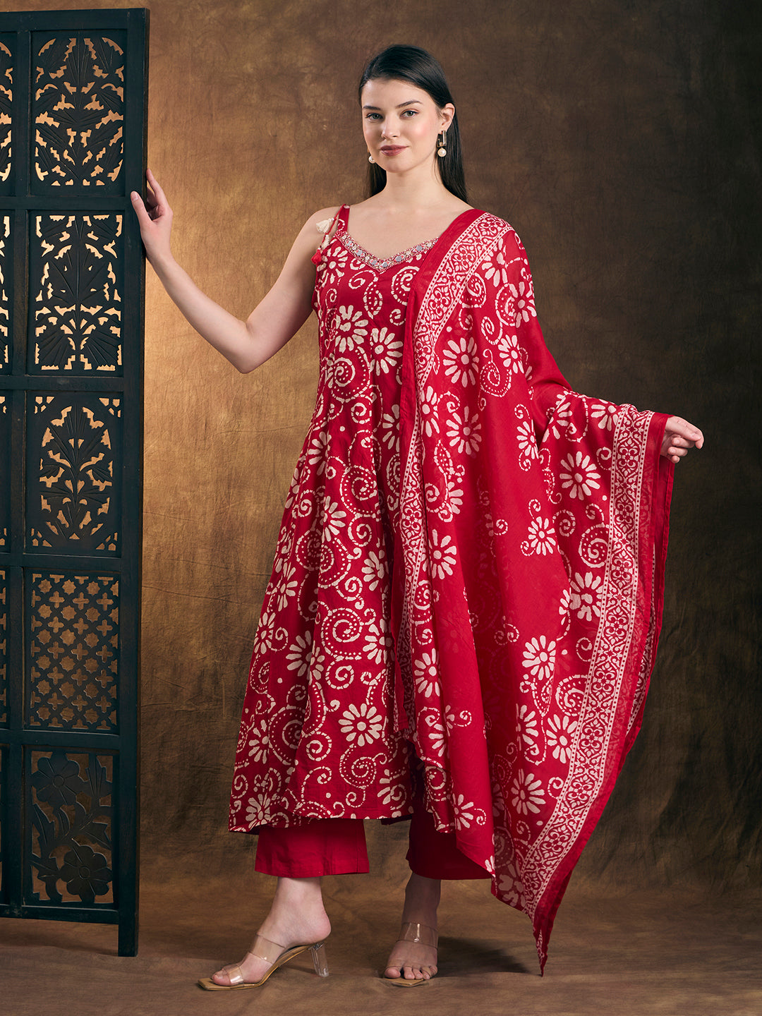 Ethnic Printed Embroidered Anarkali Kurta with Palazzo and Dupatta - Red