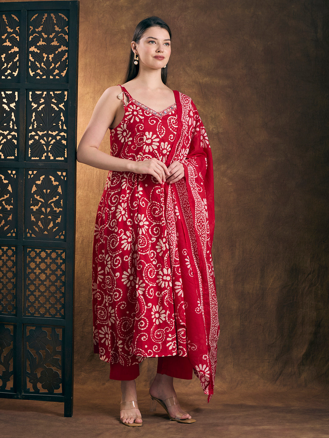 Ethnic Printed Embroidered Anarkali Kurta with Palazzo and Dupatta - Red