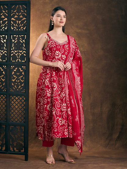 Ethnic Printed Embroidered Anarkali Kurta with Palazzo and Dupatta - Red