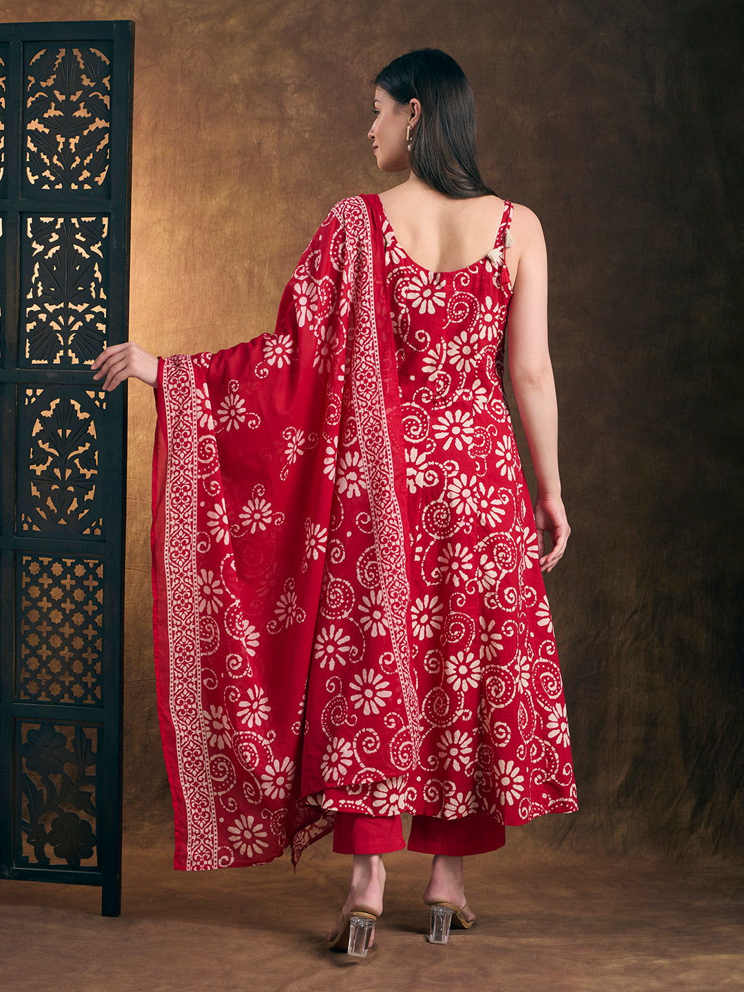 Ethnic Printed Embroidered Anarkali Kurta with Palazzo and Dupatta - Red