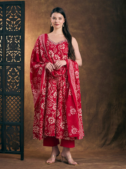 Ethnic Printed Embroidered Anarkali Kurta with Palazzo and Dupatta - Red