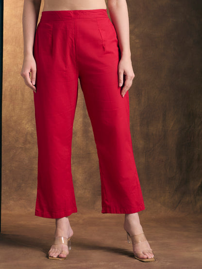 Ethnic Printed Embroidered Anarkali Kurta with Palazzo and Dupatta - Red