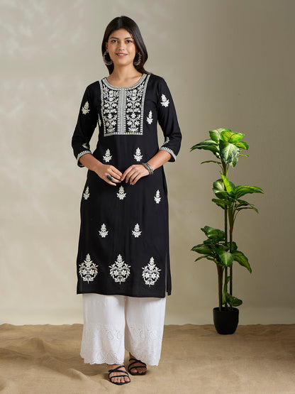 Solid Floral Chikankari Embroidered Straight Fit Kurta - Black