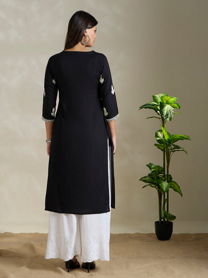 Solid Floral Chikankari Embroidered Straight Fit Kurta - Black
