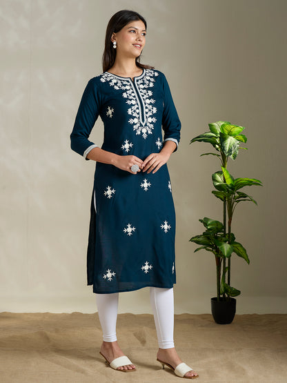 Solid Floral Chikankari Embroidered Straight Fit Kurta - Teal