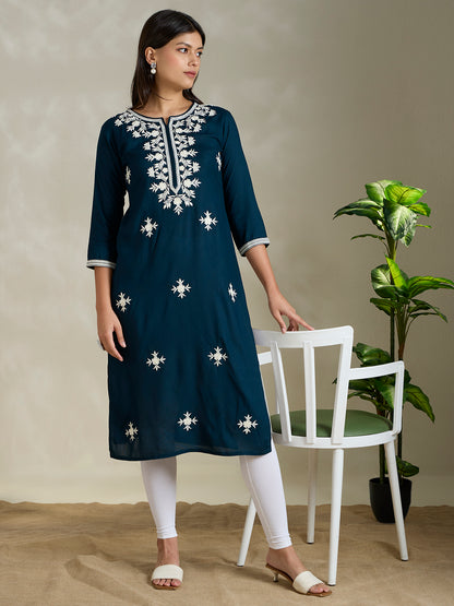 Solid Floral Chikankari Embroidered Straight Fit Kurta - Teal