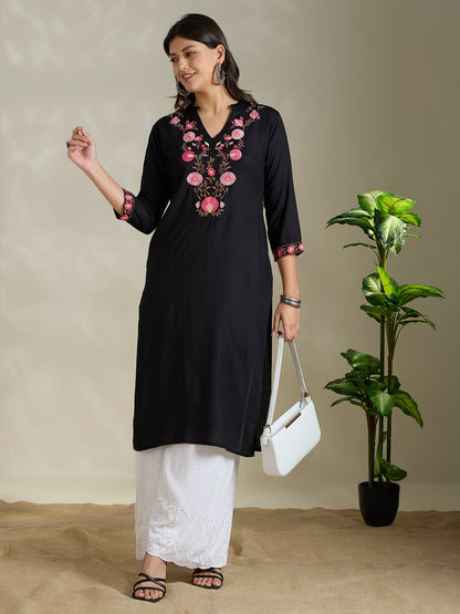 Solid Floral Embroidered Straight Fit Kurta - Black