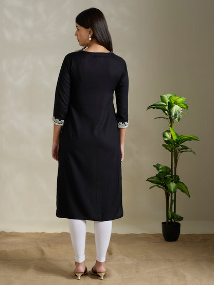 Solid Abstract Floral Embroidered Straight Fit Kurta - Black