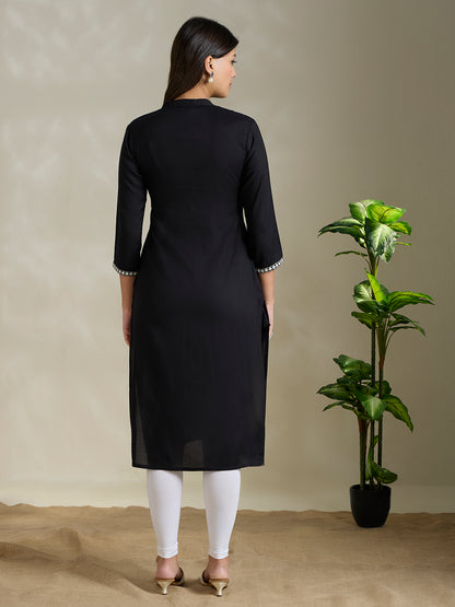 Solid Ethnic Paisley Embroidered Straight Fit Kurta - Black