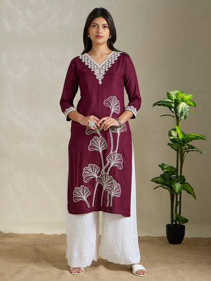 Solid Abstract Floral Embroidered Straight Fit Kurta - Burgundy