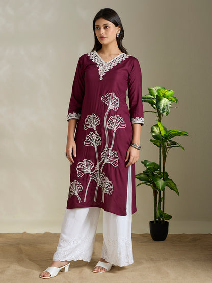 Solid Abstract Floral Embroidered Straight Fit Kurta - Burgundy