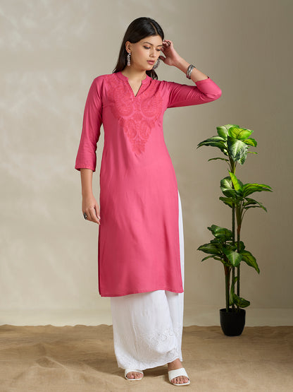 Solid Ethnic Paisley Embroidered Straight Fit Kurta - Pink