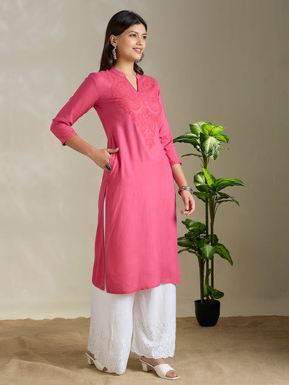 Solid Ethnic Paisley Embroidered Straight Fit Kurta - Pink