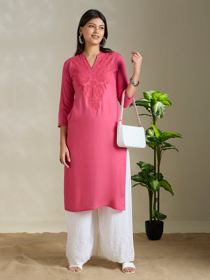 Solid Ethnic Paisley Embroidered Straight Fit Kurta - Pink