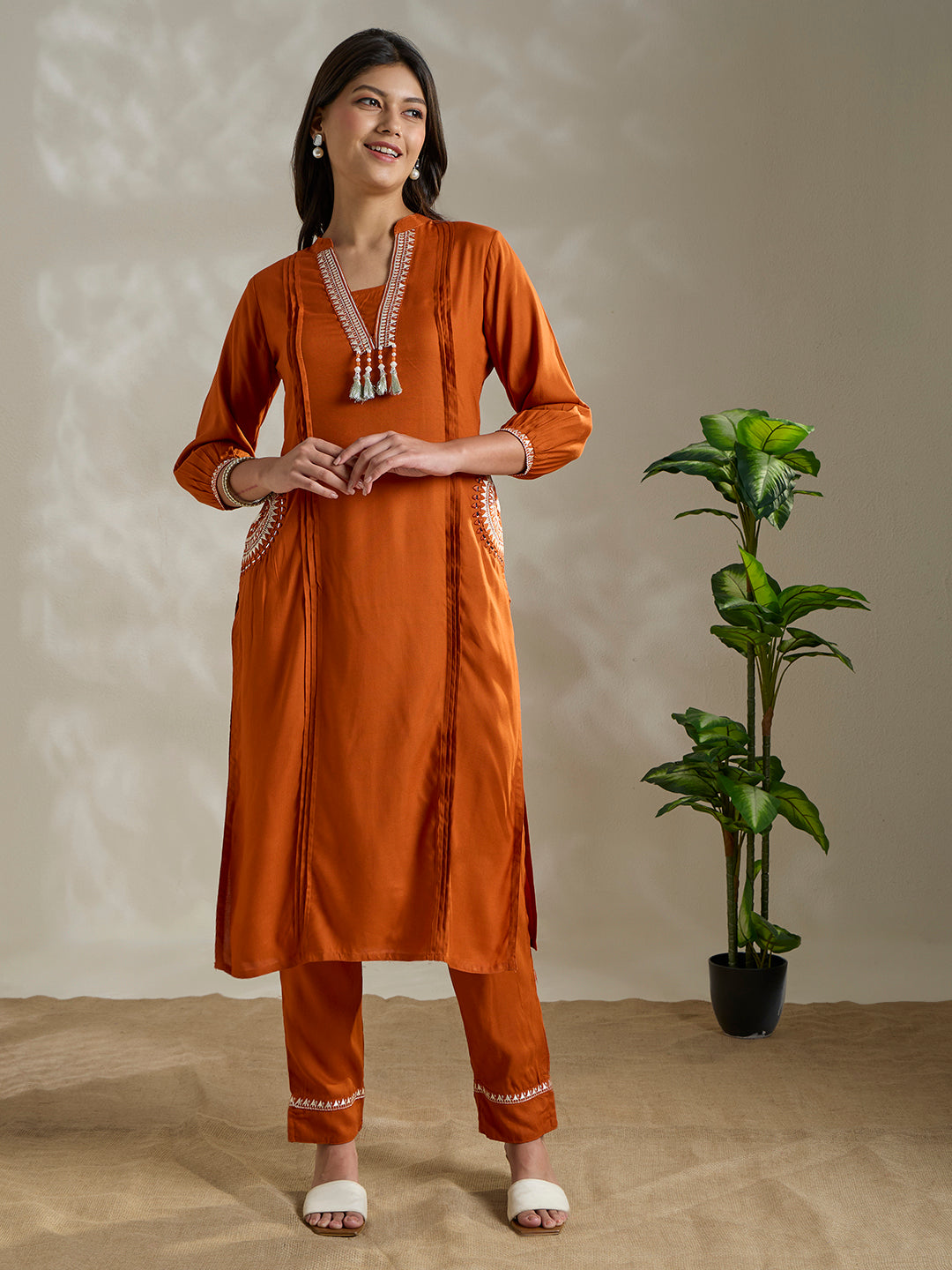 Ethnic Mirror & Threadwork Embroidered Straight Co-ord Set - Rust