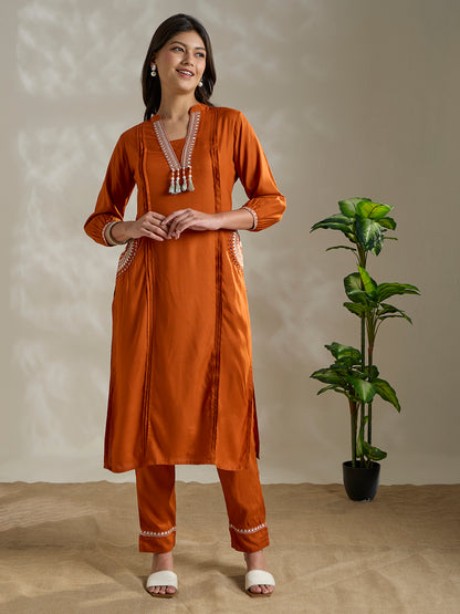Ethnic Mirror & Threadwork Embroidered Straight Co-ord Set - Rust