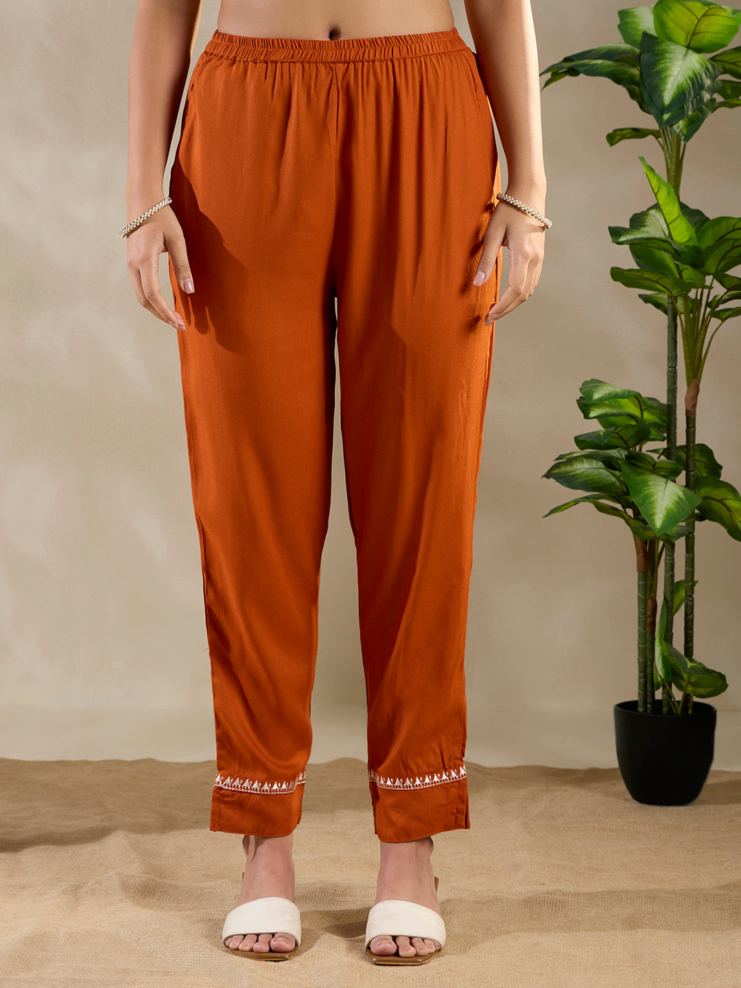 Ethnic Mirror & Threadwork Embroidered Straight Co-ord Set - Rust