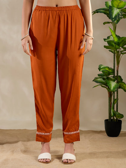Ethnic Mirror & Threadwork Embroidered Straight Co-ord Set - Rust