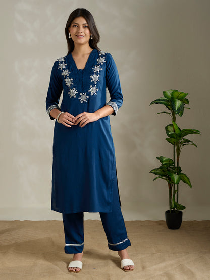 Solid Ethnic Embroidered Straight Fit Co-ord Set - Blue