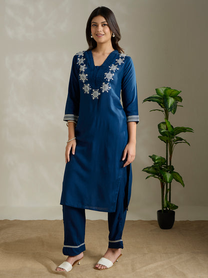 Solid Ethnic Embroidered Straight Fit Co-ord Set - Blue