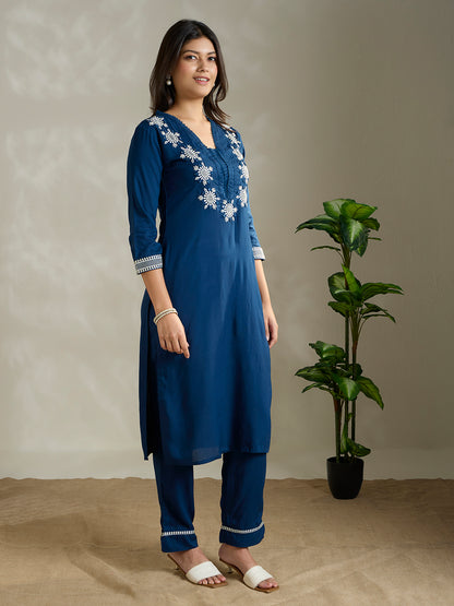 Solid Ethnic Embroidered Straight Fit Co-ord Set - Blue
