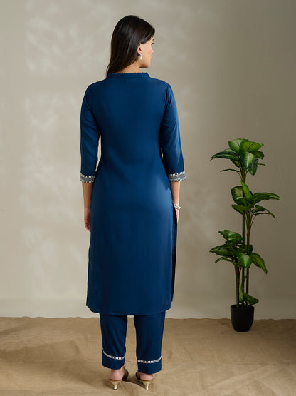 Solid Ethnic Embroidered Straight Fit Co-ord Set - Blue