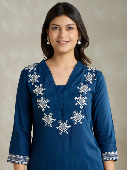 Solid Ethnic Embroidered Straight Fit Co-ord Set - Blue