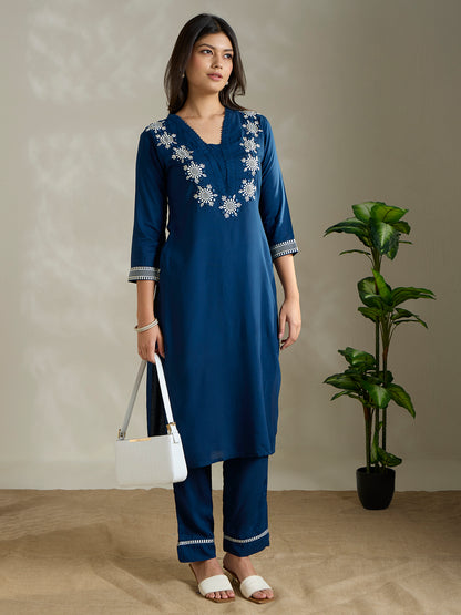 Solid Ethnic Embroidered Straight Fit Co-ord Set - Blue