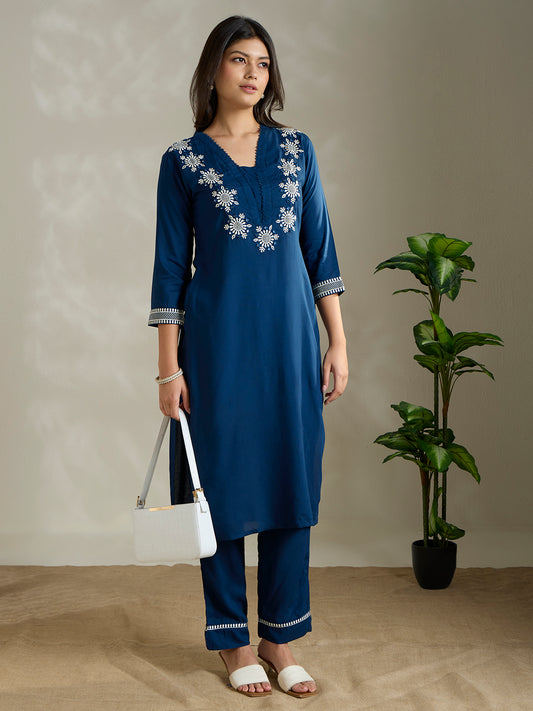 Solid Ethnic Embroidered Straight Fit Co-ord Set - Blue