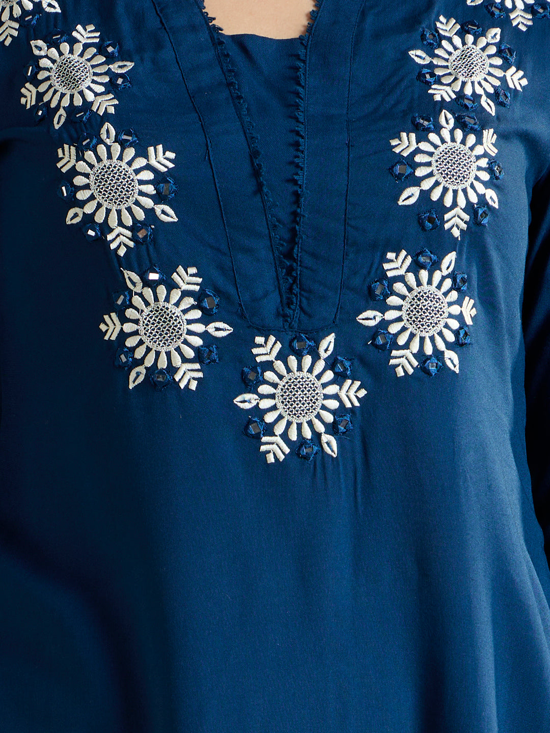 Solid Ethnic Embroidered Straight Fit Co-ord Set - Blue