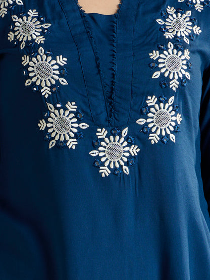 Solid Ethnic Embroidered Straight Fit Co-ord Set - Blue