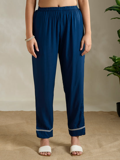 Solid Ethnic Embroidered Straight Fit Co-ord Set - Blue