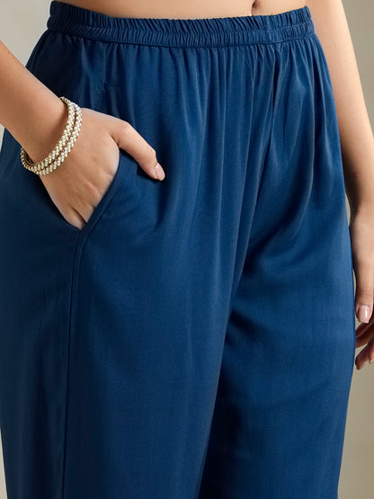 Solid Ethnic Embroidered Straight Fit Co-ord Set - Blue