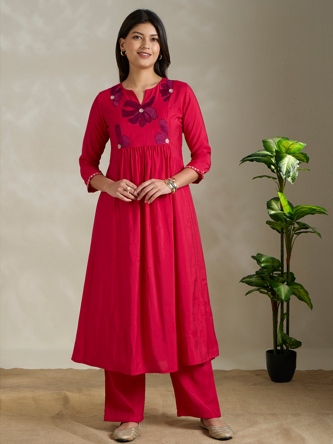 Solid Floral Embroidered A-Line Pleated Co-ord Set - Pink