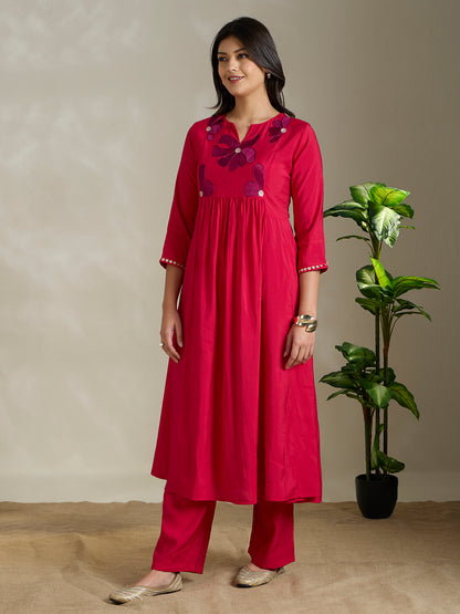 Solid Floral Embroidered A-Line Pleated Co-ord Set - Pink