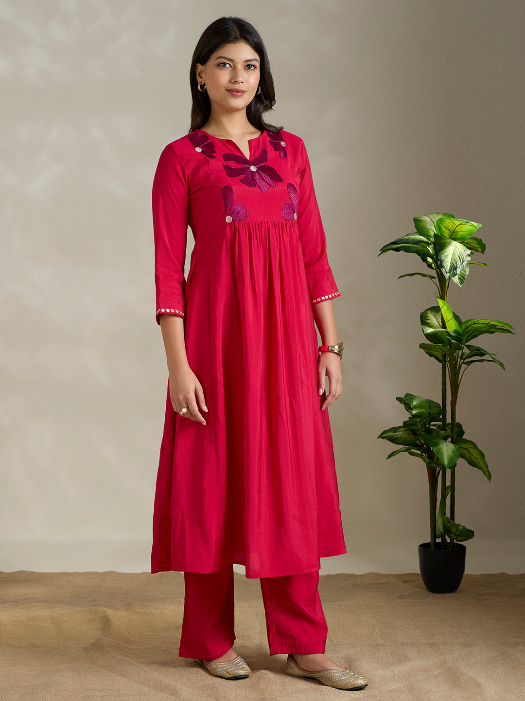 Solid Floral Embroidered A-Line Pleated Co-ord Set - Pink