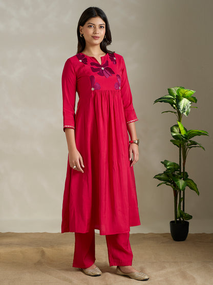 Solid Floral Embroidered A-Line Pleated Co-ord Set - Pink